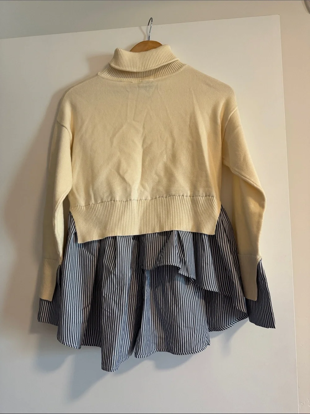 Maeve Cream Turtleneck Sweater with Blue-White Striped Shirt Hem - Picture 4 of 4